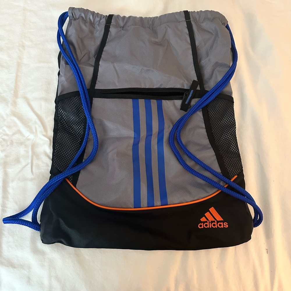 Adidas Gray and Black Drawstring Backpack with Blue and Orange Details